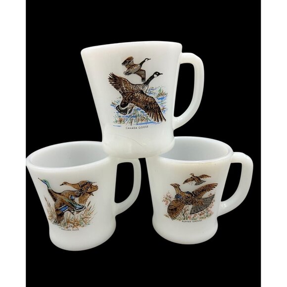 Fire King White Mugs set of 3 with Wildlife Design Duck Hunting - Picture 1 of 12
